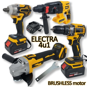 Electra aku set 4u1 Bušilica Udarni odvijač Kutna brusilica SDS štemerica Front 1
